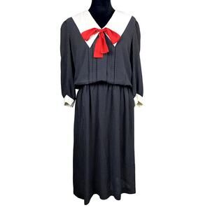 Vtg Liz Roberts Retro Soilor Collar Bow Academia Prarie Long Sleeve Dress Sz 12